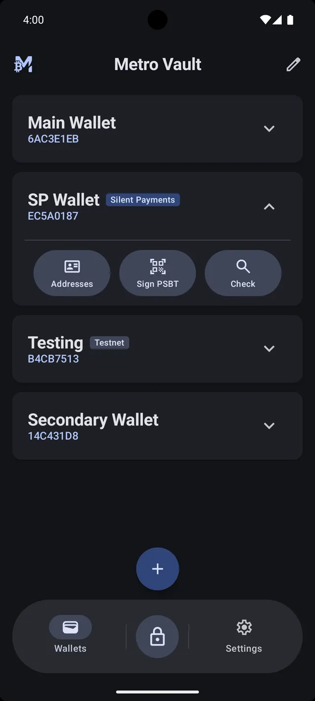 MetroVault home screen showing several Bitcoin wallets in the vault