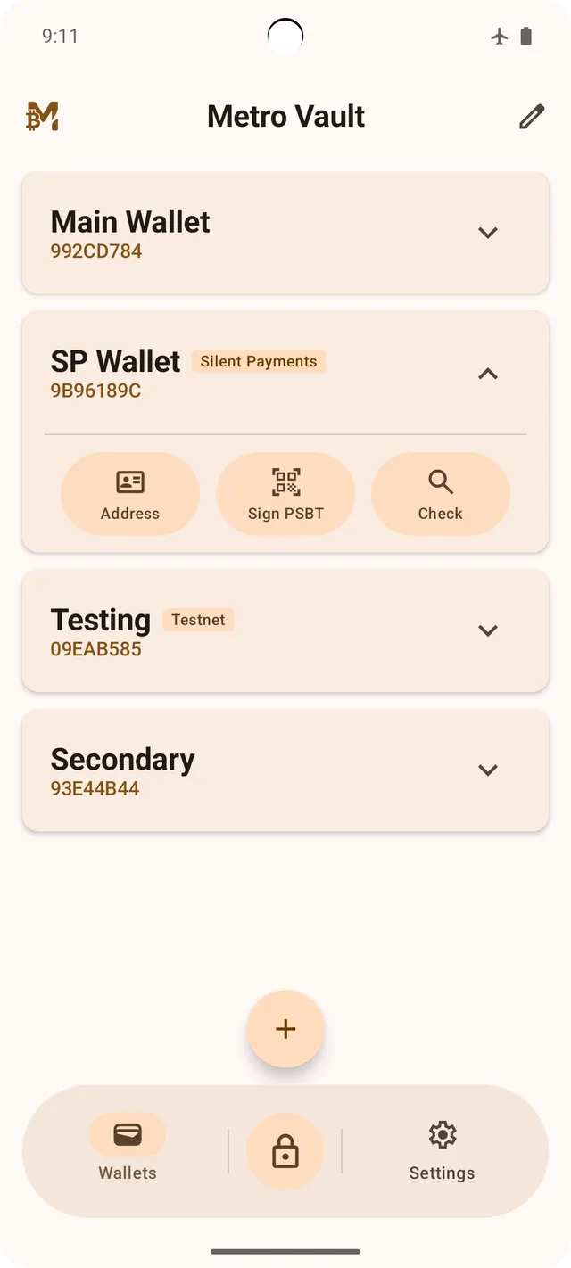 MetroVault home screen showing several Bitcoin wallets in the vault