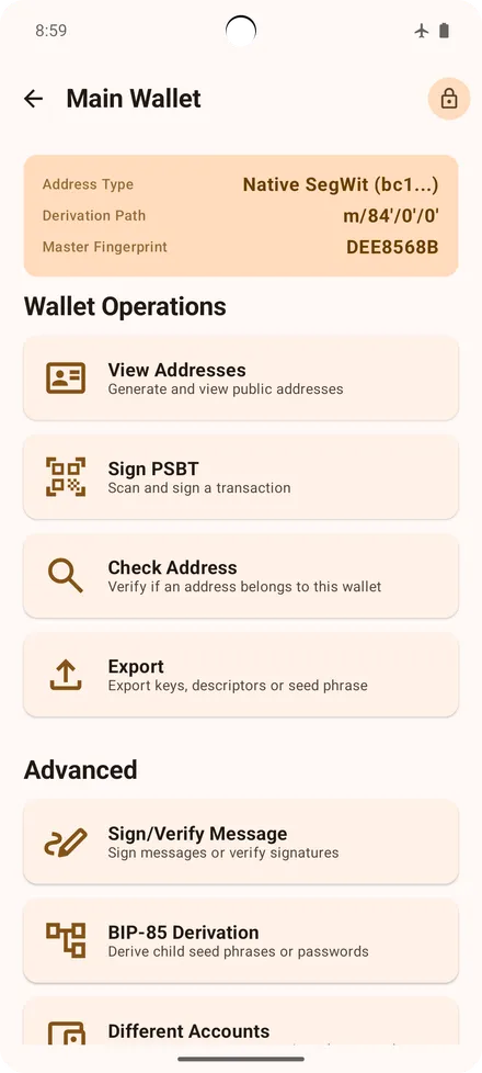 Addresses, PSBT signing, and export per wallet