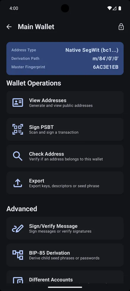Addresses, PSBT signing, and export per wallet