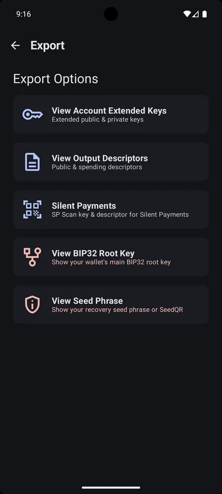 Export keys, descriptors, and SP scan keys