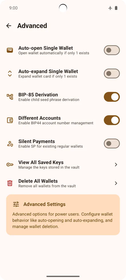 Power-user toggles: BIP-85, accounts, Silent Payments
