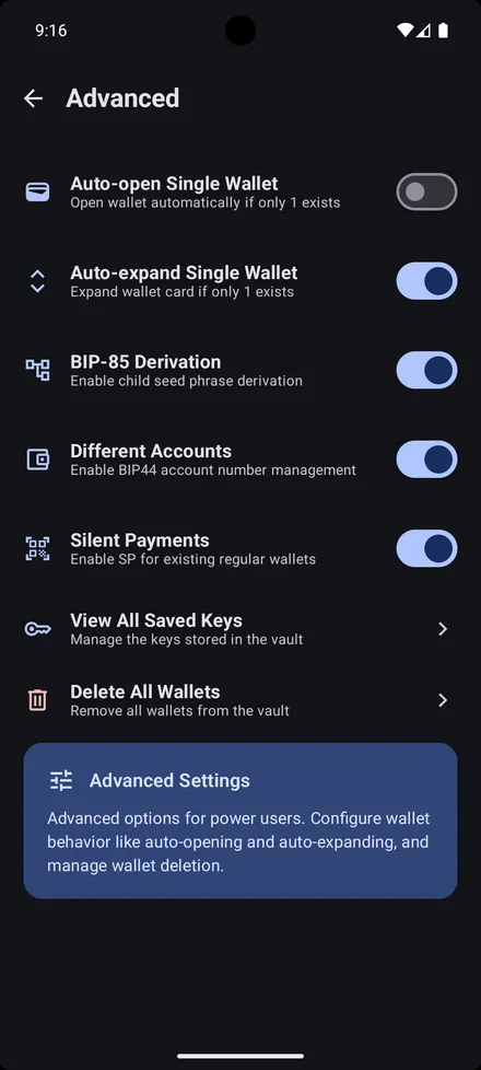 Power-user toggles: BIP-85, accounts, Silent Payments