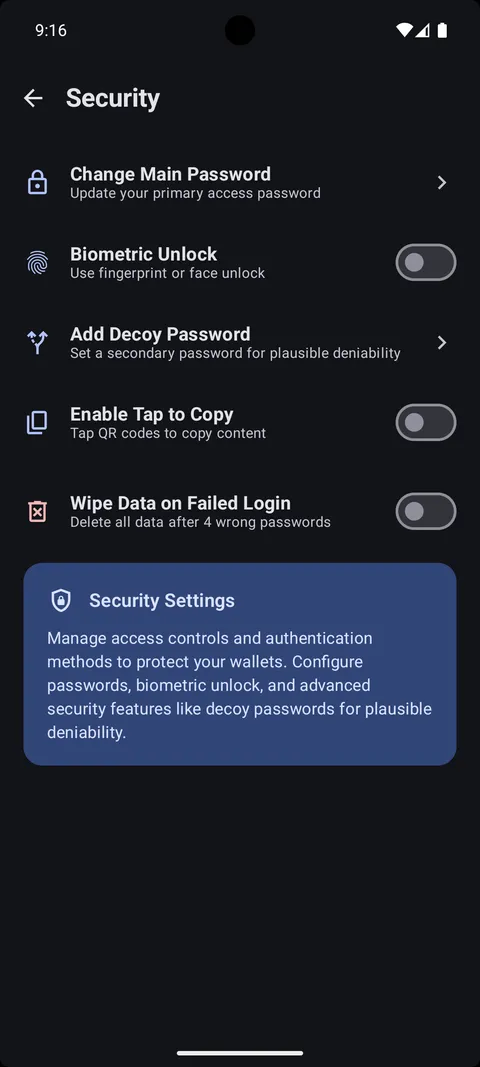Decoy password, biometrics, auto-wipe