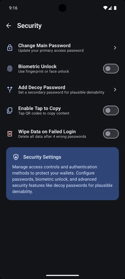 Decoy password, biometrics, auto-wipe