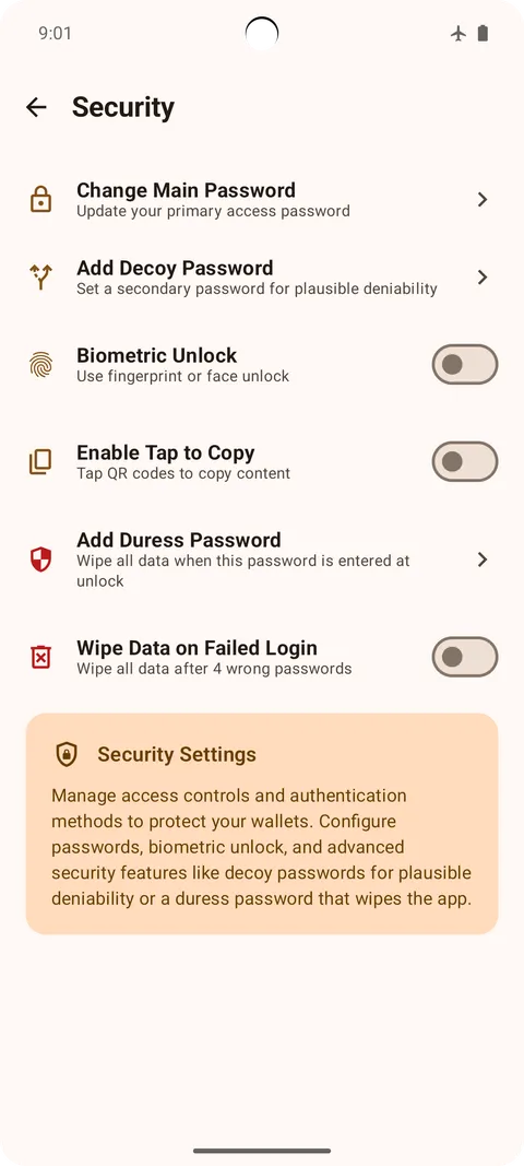 Decoy password, biometrics, auto-wipe