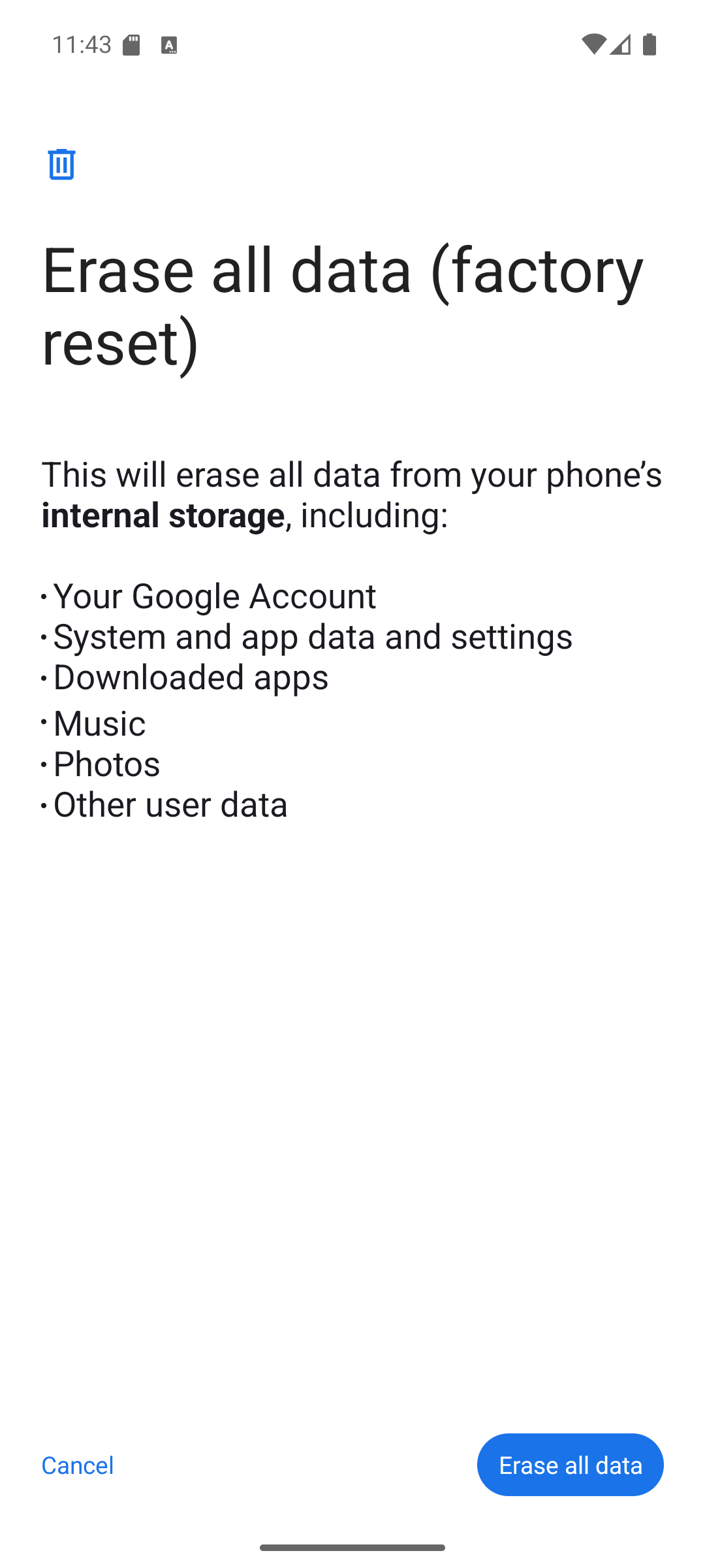 Android factory reset screen