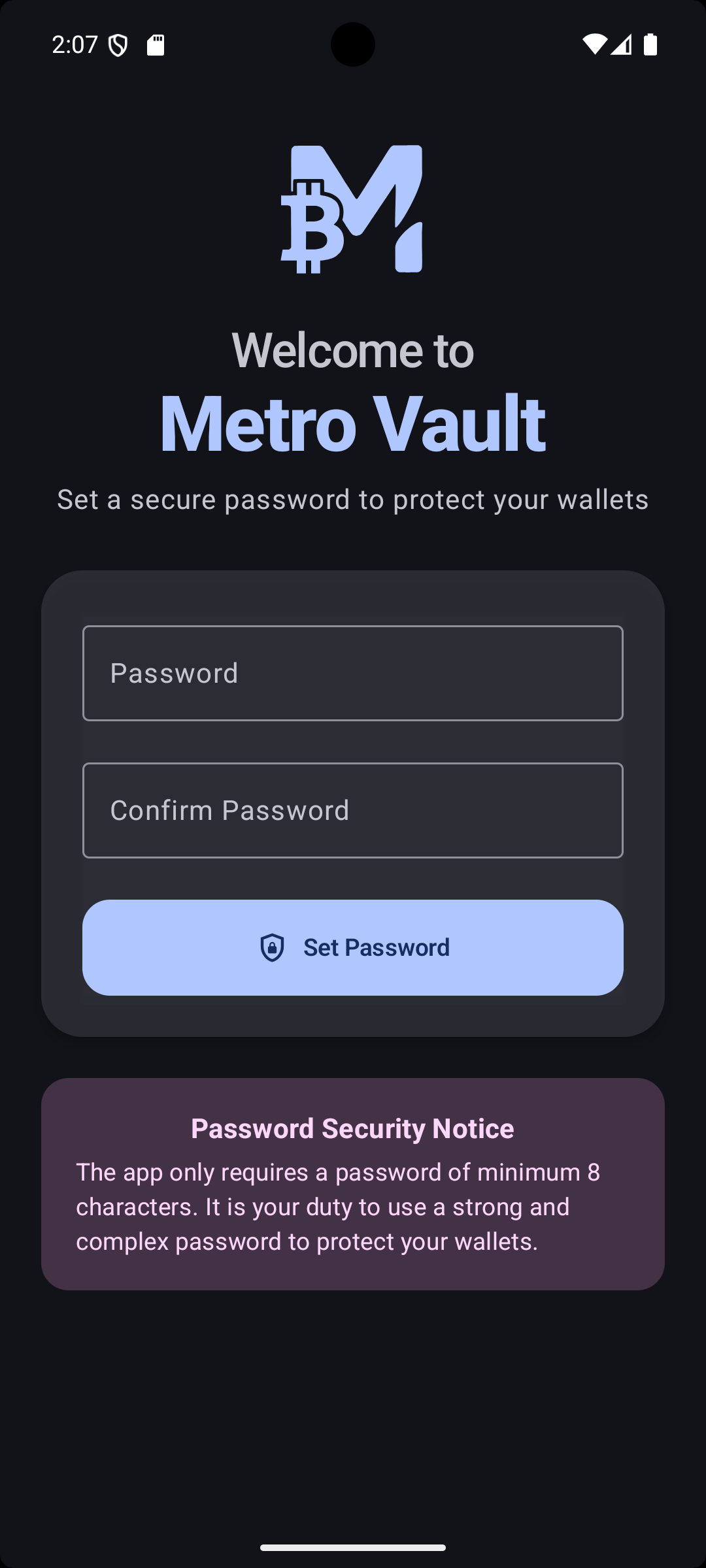 MetroVault first launch: set master password