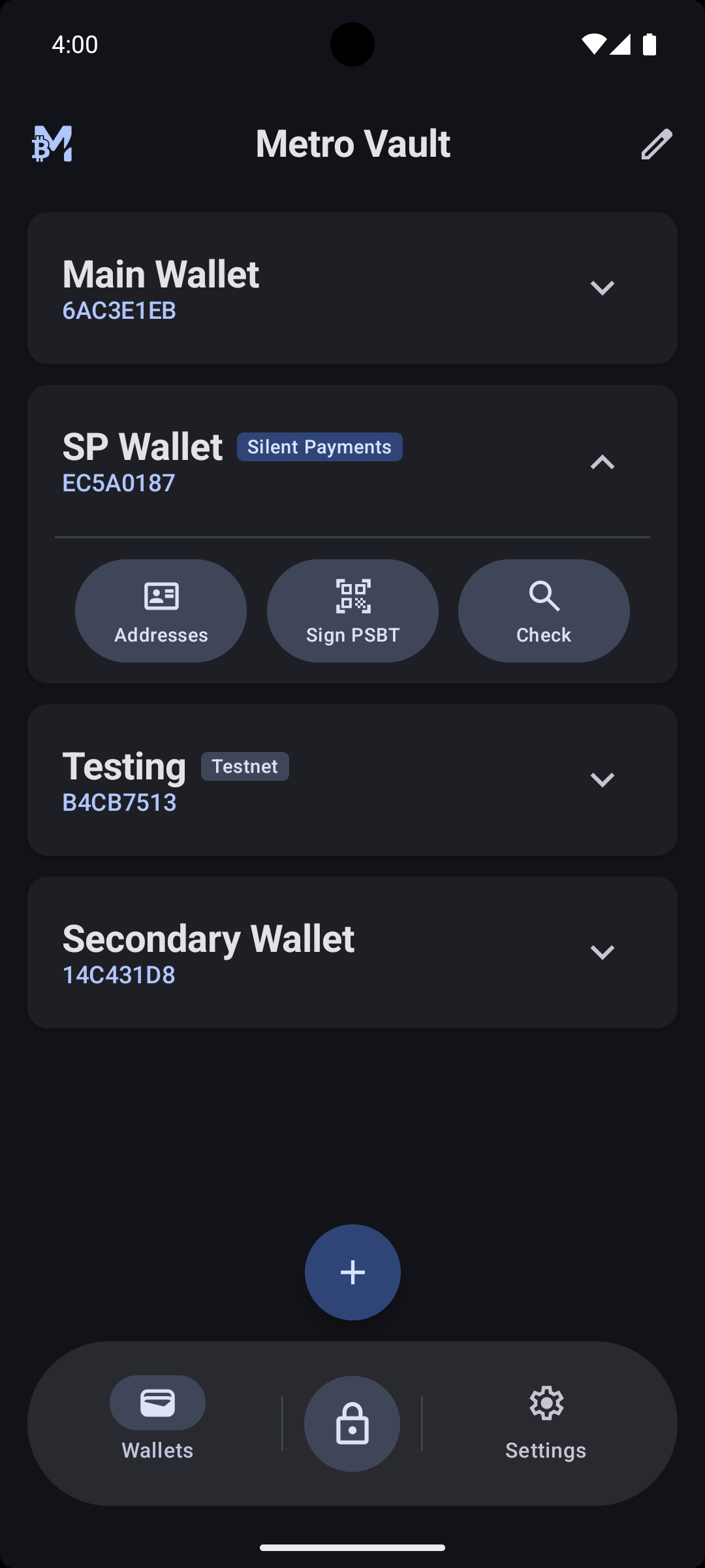 MetroVault home screen with wallets